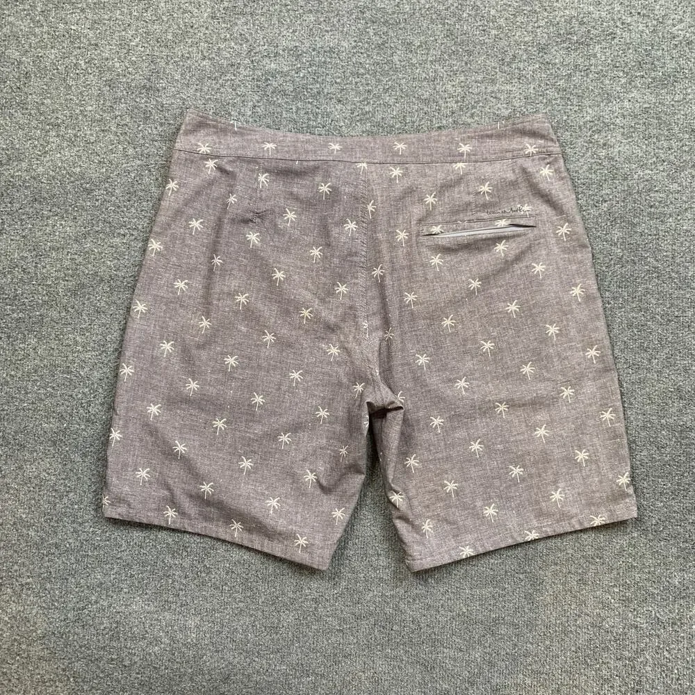 Travis Mathew Board Shorts Mens 36 Gray Palm Tree Drawstring Tie Beach Surf Swim